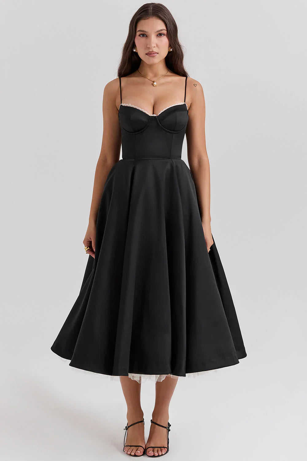 Women's Elegant Midi Dress with Fit-and-Flare Design and Tulle Hem-The Yellow Prime