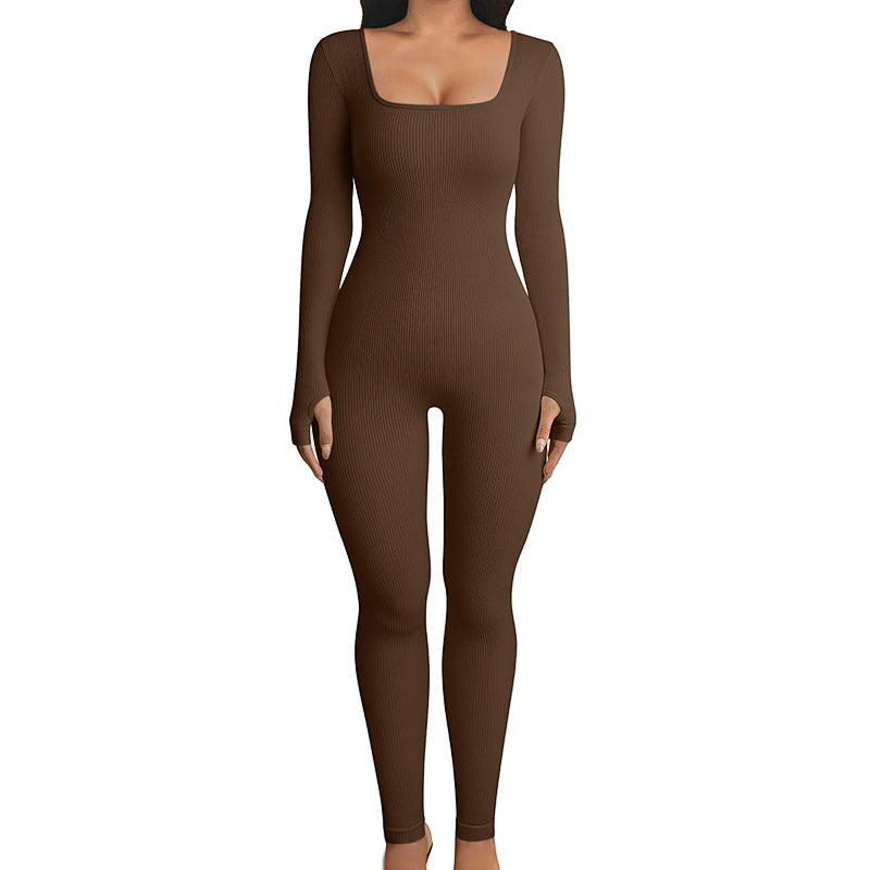 Women's Stretchy Long Sleeve Square Neck Ribbed Jumpsuit for Yoga-The Yellow Prime