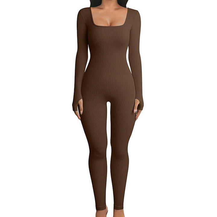 Women's Stretchy Long Sleeve Square Neck Ribbed Jumpsuit for Yoga-The Yellow Prime
