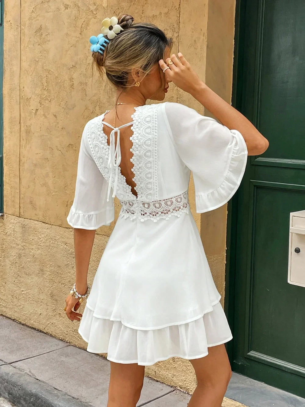 Emily | Women's White Boho Summer Dress with Lace Ruffles, V-Neck, Loose Fit-The Yellow Prime