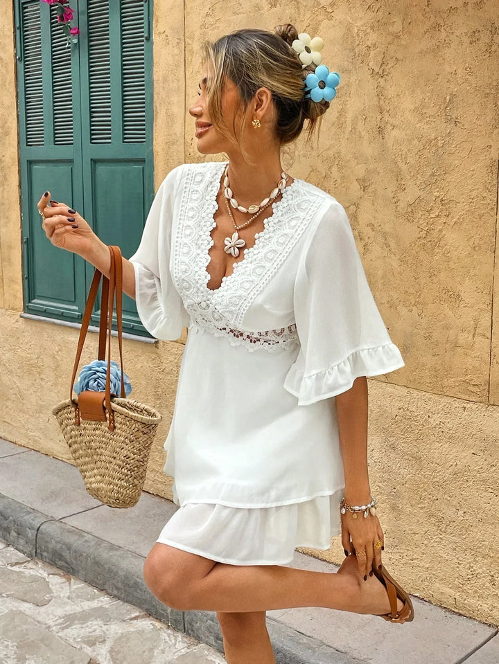 Emily | Women's White Boho Summer Dress with Lace Ruffles, V-Neck, Loose Fit-The Yellow Prime