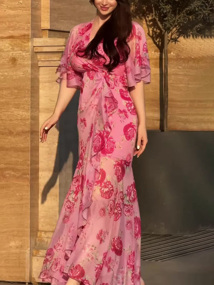 Mariah | Women's Floral Wrap Maxi Dress in Retro Style-The Yellow Prime