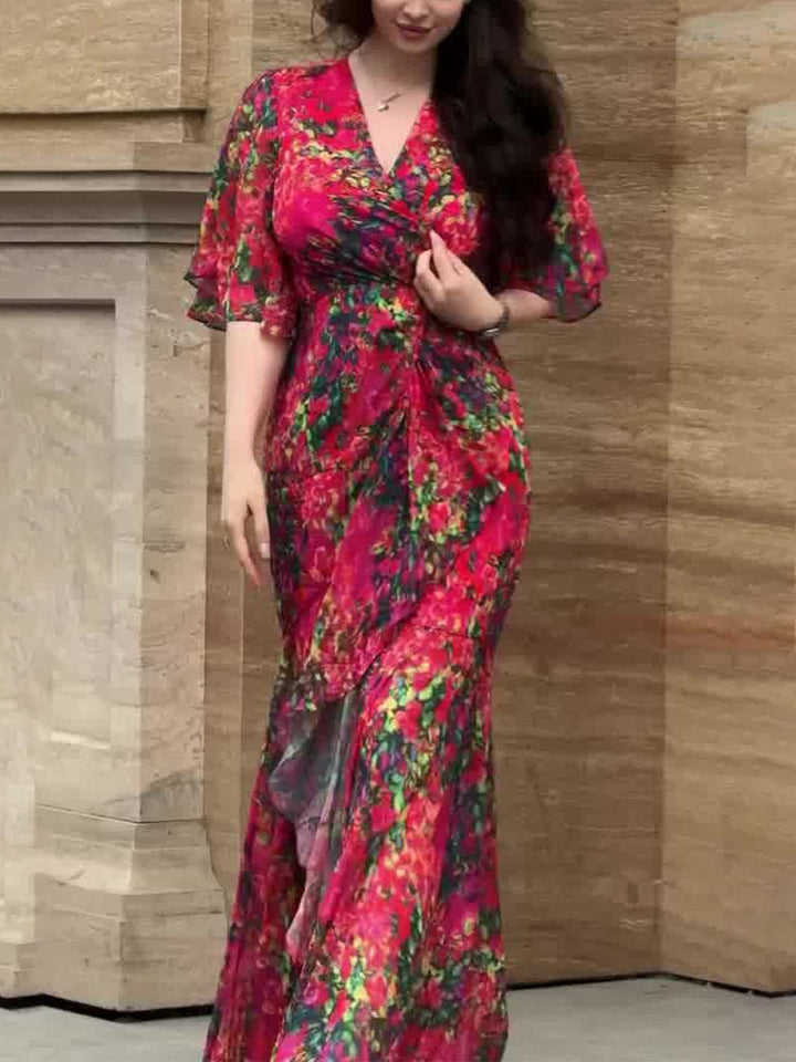 Mariah | Women's Floral Wrap Maxi Dress in Retro Style-The Yellow Prime