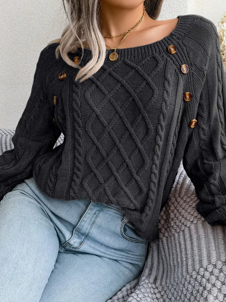 Women's Loose-Fitting Cable-Knit Sweater with Shoulder Buttons
