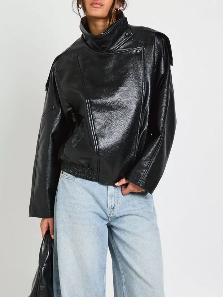 Casaco de motociclista em imitação de pele para senhora, com fecho assimétrico, tamanhos S-2XL