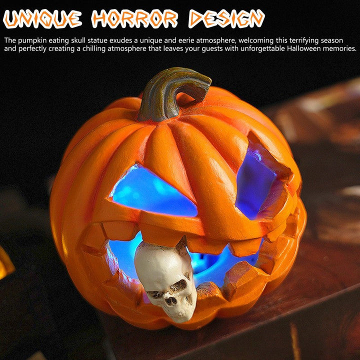 Halloweenin kaiverrettu Jack O'Lantern -koriste pääkallokuvioinnilla, hartsia