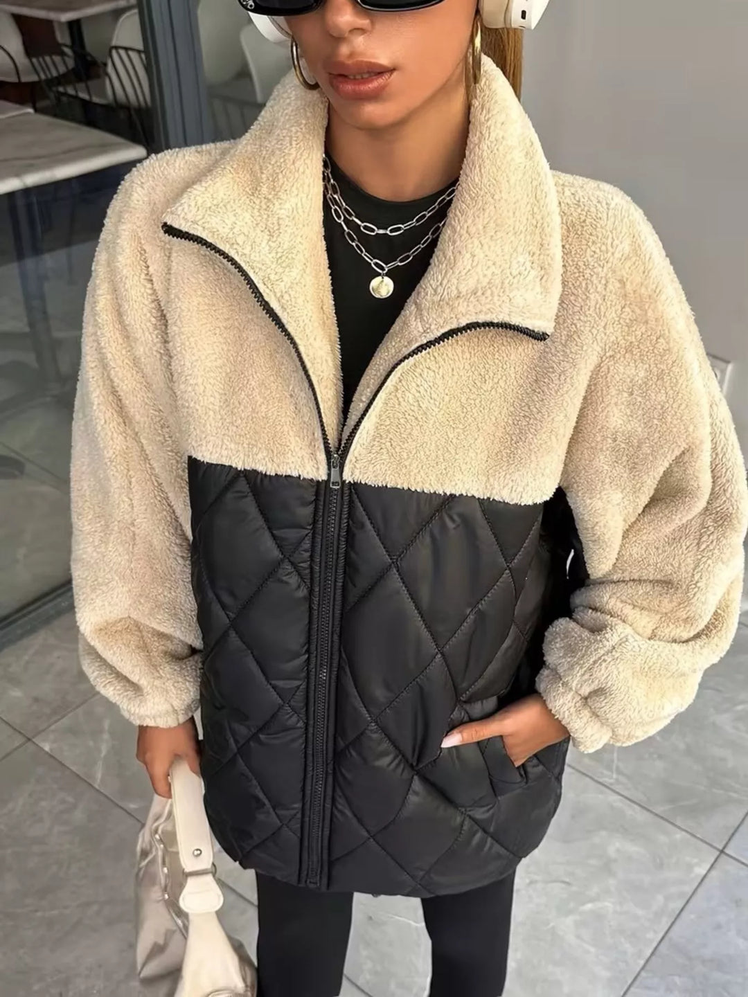 Women's Color-Block Sherpa Quilted Puffer Jacket, Sizes S to XXL