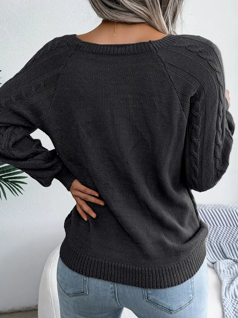 Women's Loose-Fitting Cable-Knit Sweater with Shoulder Buttons