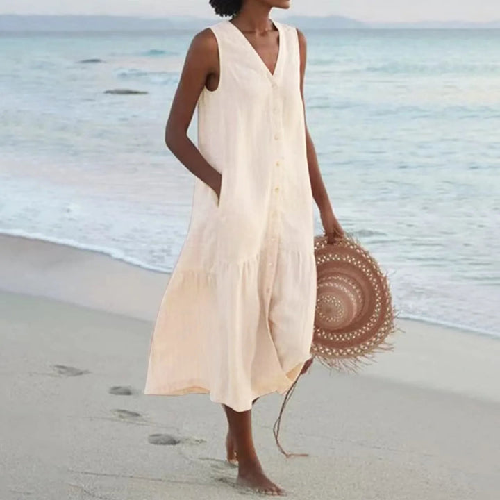 Loredana | Women's Summer V-Neck Midi Dress Replacement-The Yellow Prime