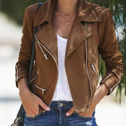 Chaqueta de cuero con cremallera para mujer