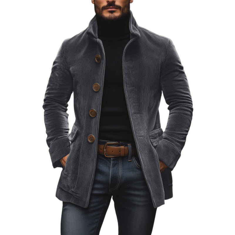 Men's Autumn Corduroy Coat with Mandarin Collar and Button Closure