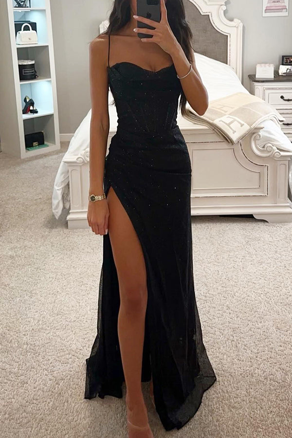 Women's Romantic Sequined Maxi Dress with Waterfall Neckline and Slit-The Yellow Prime