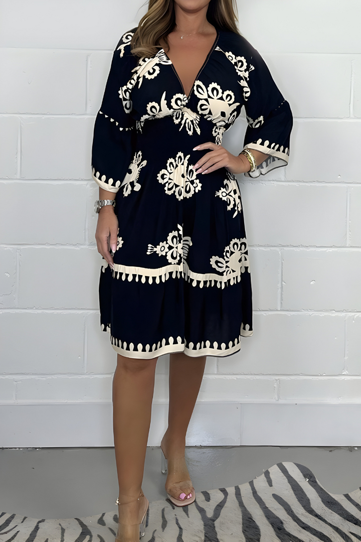 Sophia | Elegant V-Neck Patterned Dress – Ideal for Any Occasion-The Yellow Prime