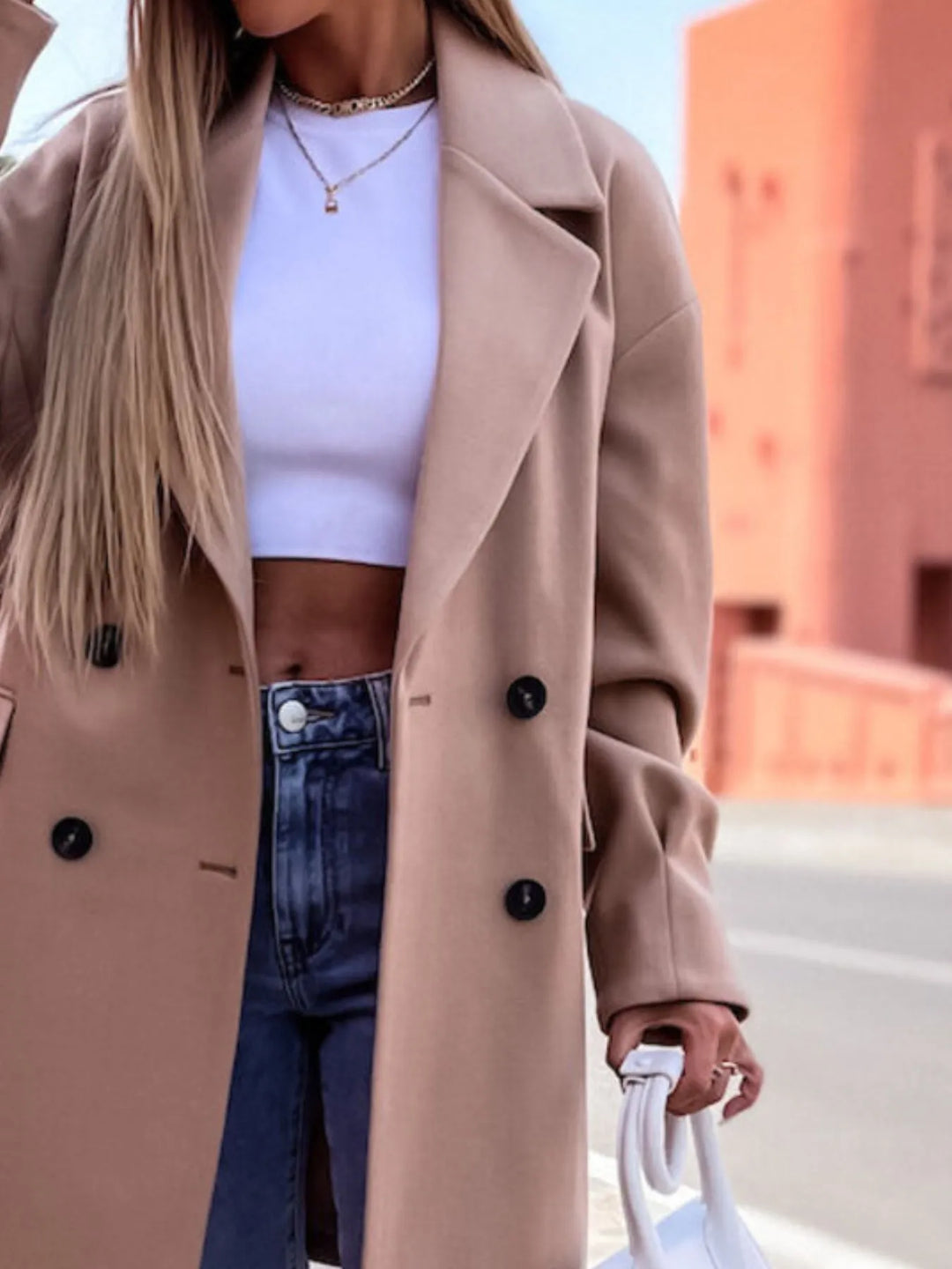 Cappotto invernale lungo da donna a doppiopetto con tasche, taglie S-3XL