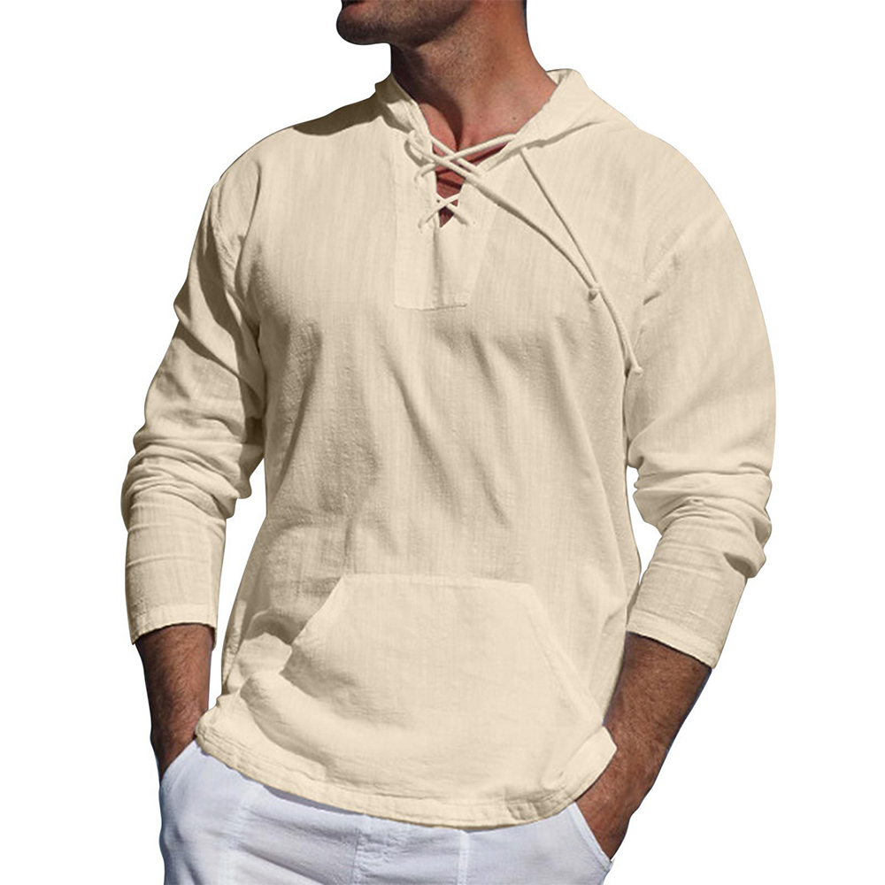 Men's Lightweight Casual Pullover - Lace-Up V Neck, Linen Blend