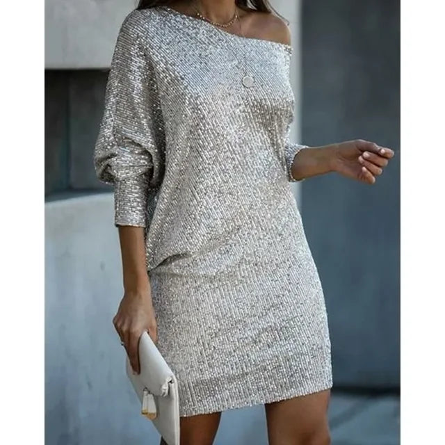 Women's One Shoulder Shiny Mini Dress-The Yellow Prime