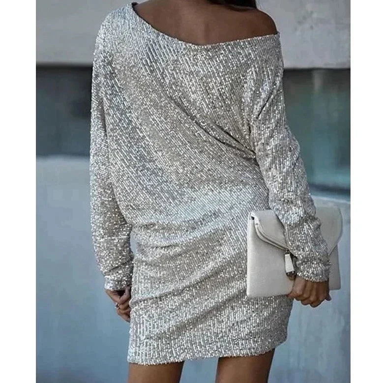 Women's One Shoulder Shiny Mini Dress-The Yellow Prime