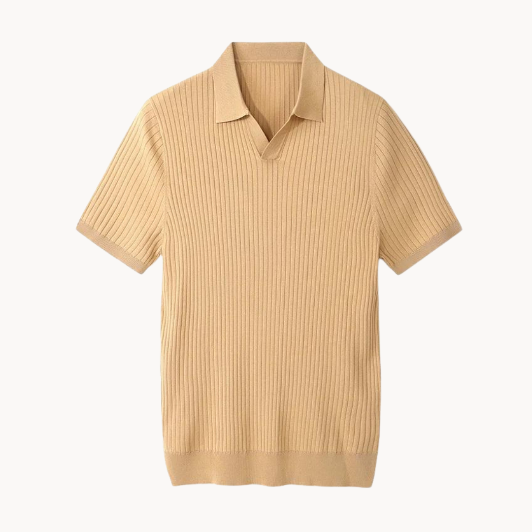 Men's Elegant Ribbed Long Sleeve Silk Polo Shirt, Soft Casual Wear-The Yellow Prime