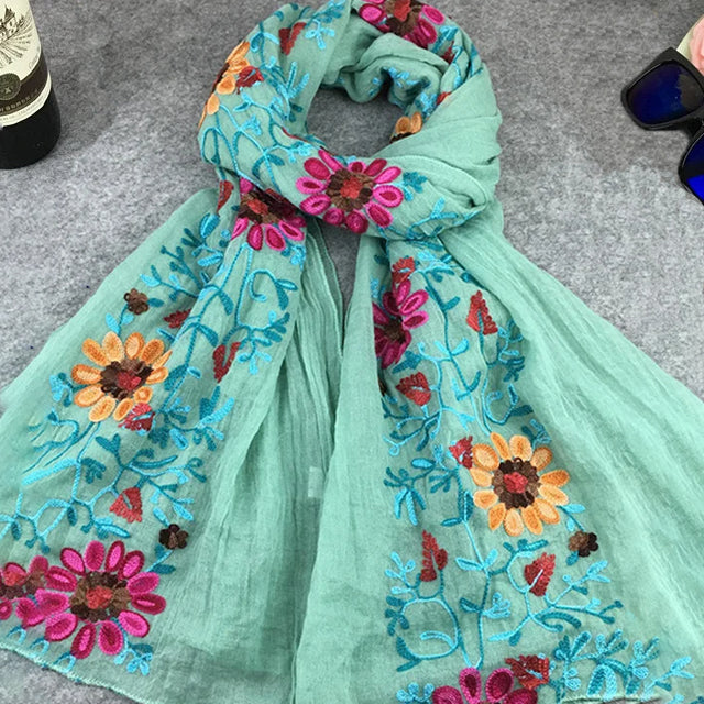 Women's Lightweight Floral Embroidered Cotton Scarf-The Yellow Prime
