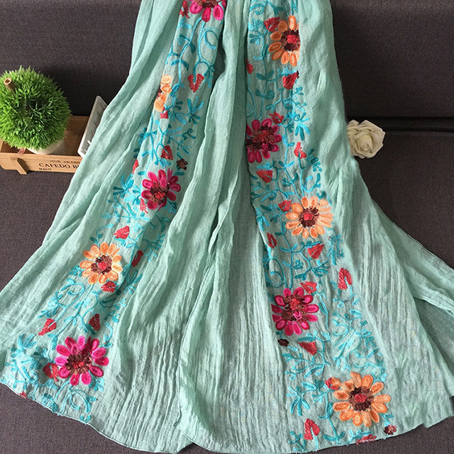 Women's Lightweight Floral Embroidered Cotton Scarf-The Yellow Prime