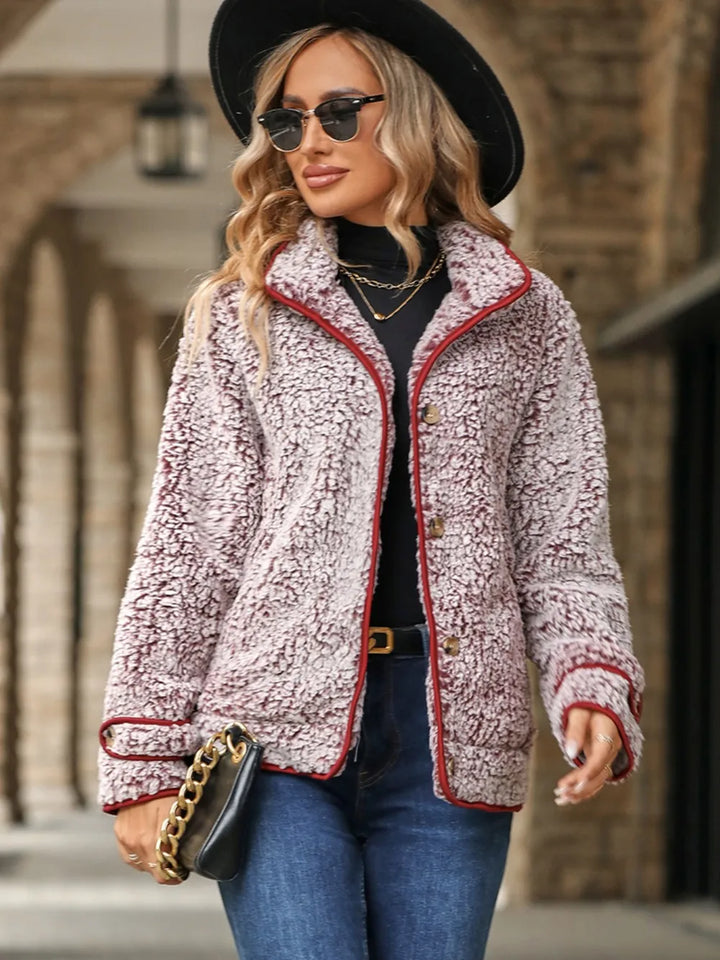 Veste douillette en sherpa pour femme avec boutons et poches, tailles S à XL