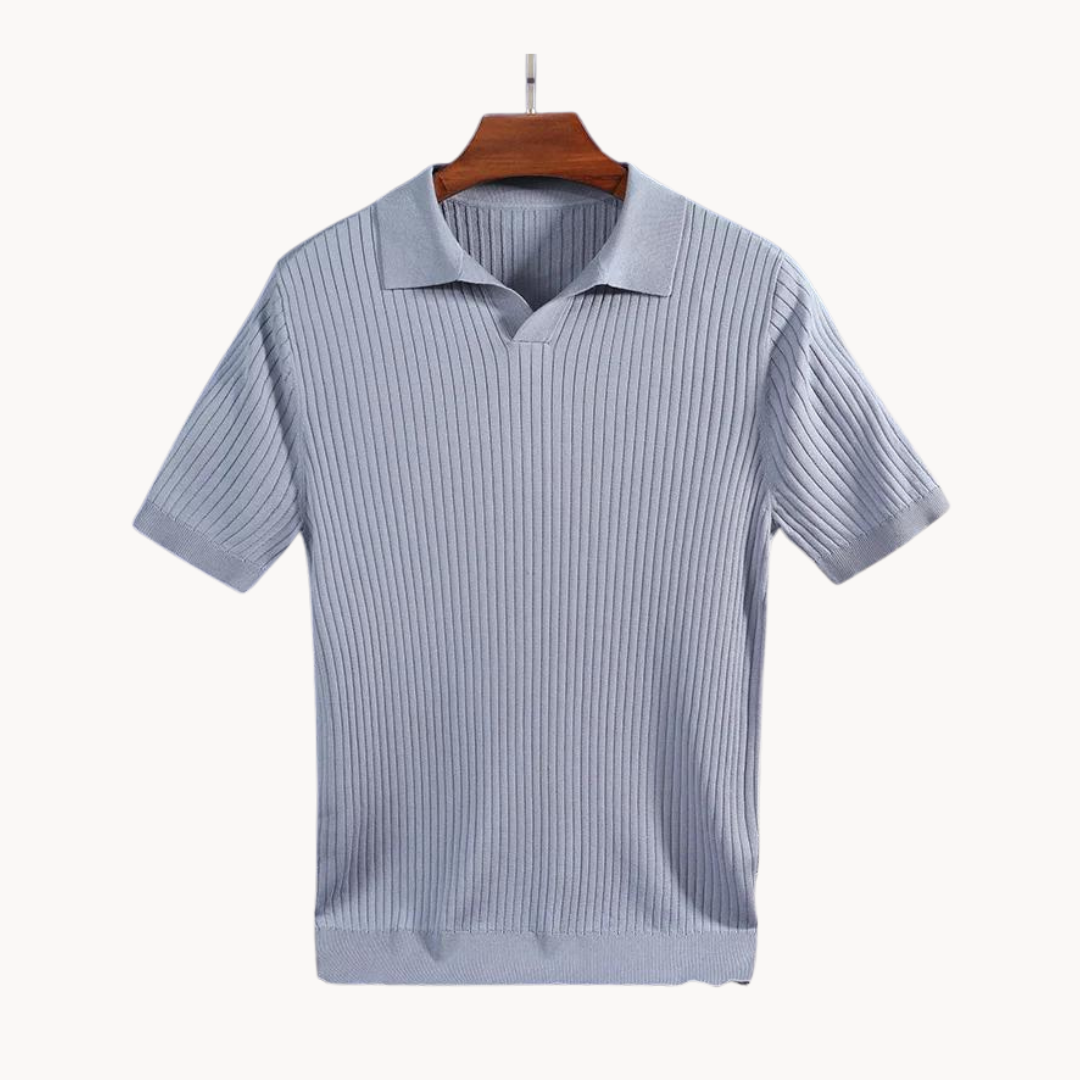 Men's Elegant Ribbed Long Sleeve Silk Polo Shirt, Soft Casual Wear-The Yellow Prime