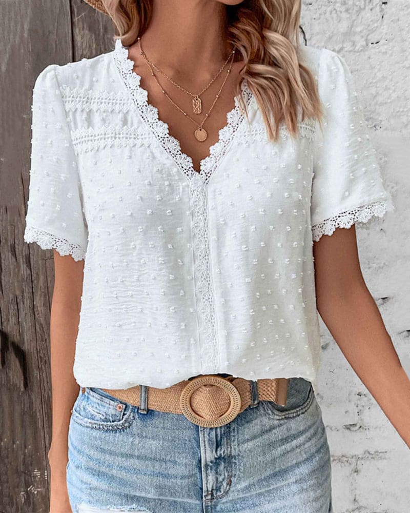 Women's Short Sleeve V-Neck Blouse-The Yellow Prime