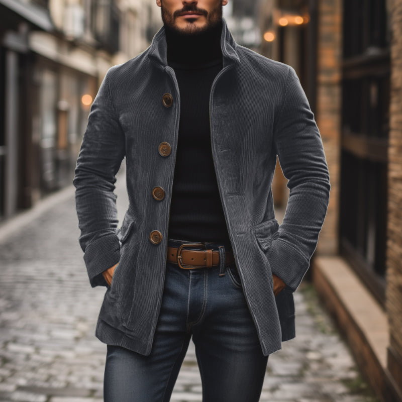 Men's Autumn Corduroy Coat with Mandarin Collar and Button Closure