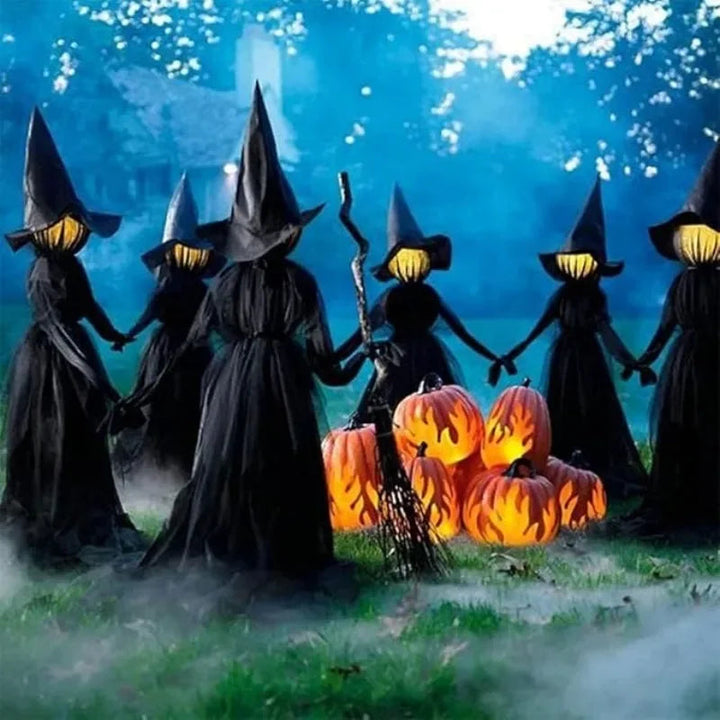 Halloween-lysende heksefigurer med lydsensorer og flakkende hoveder
