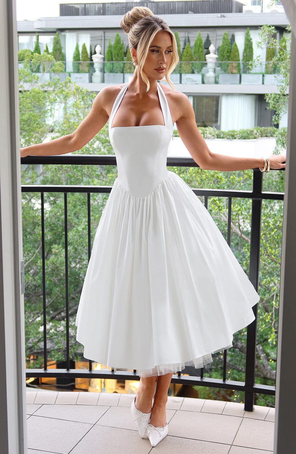 Alessia | Women's Halter Midi Dress for Wedding Guests-The Yellow Prime