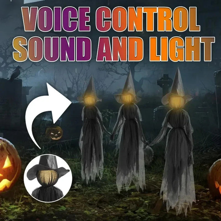 Halloween-lysende heksefigurer med lydsensorer og flakkende hoveder
