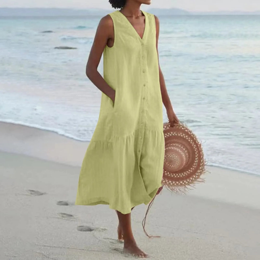 Loredana | Women's Summer V-Neck Midi Dress Replacement-The Yellow Prime
