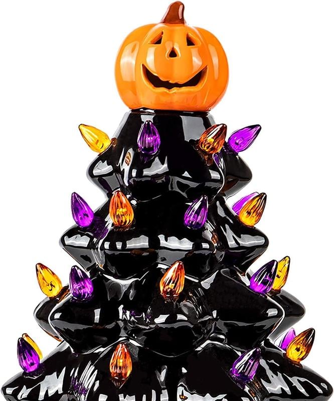 Halloweens keramiske LED-juledekorasjonstre med lilla og oransje perler