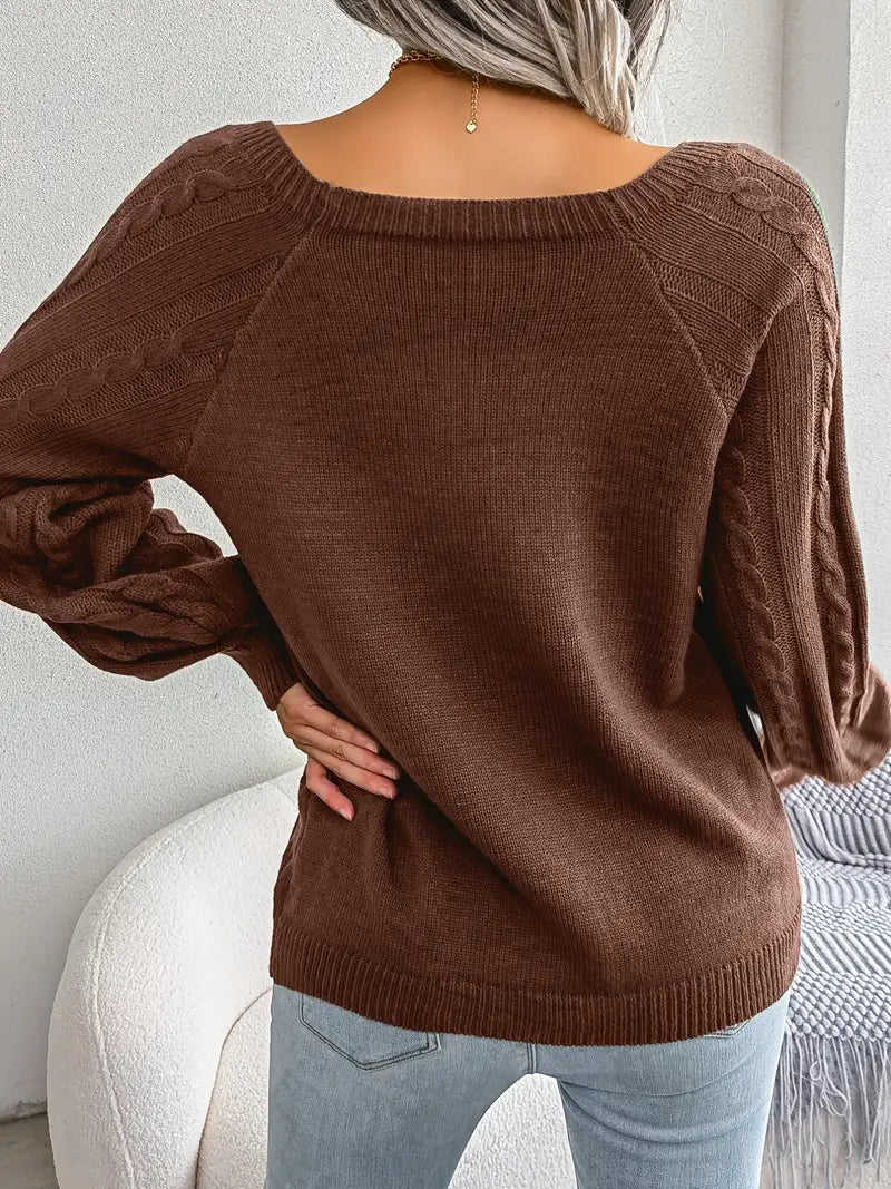 Women's Loose-Fitting Cable-Knit Sweater with Shoulder Buttons