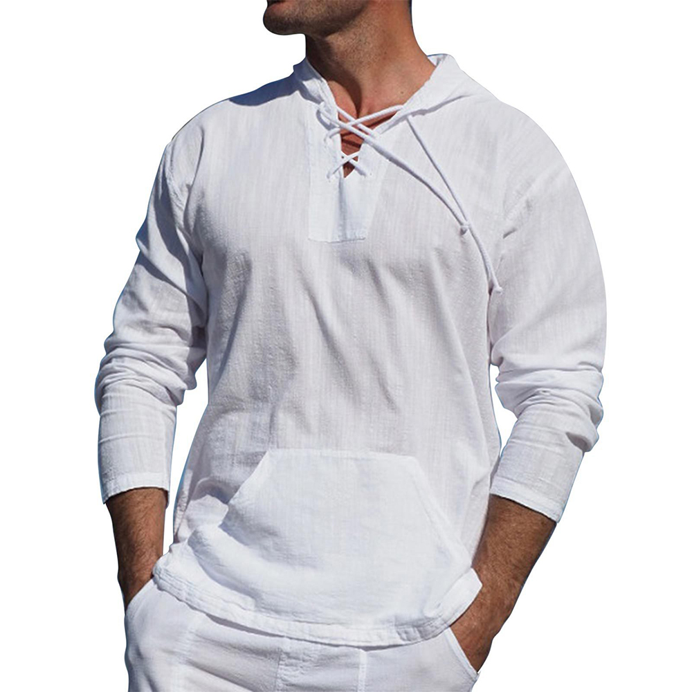 Men's Lightweight Casual Pullover - Lace-Up V Neck, Linen Blend