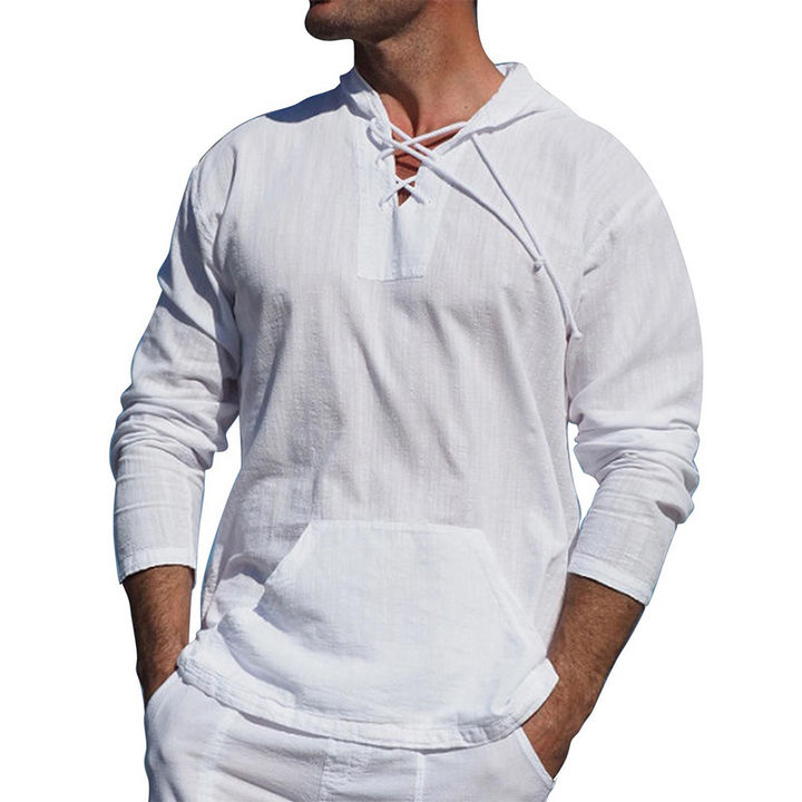 Men's Lightweight Casual Pullover - Lace-Up V Neck, Linen Blend
