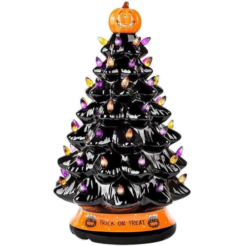 Halloweens keramiske LED-juledekorasjonstre med lilla og oransje perler