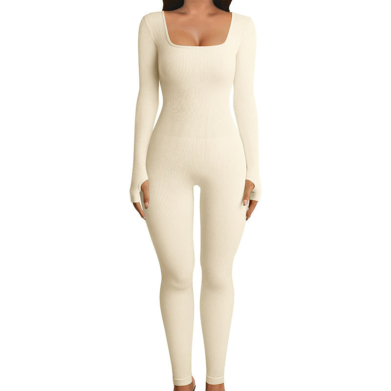 Women's Stretchy Long Sleeve Square Neck Ribbed Jumpsuit for Yoga-The Yellow Prime