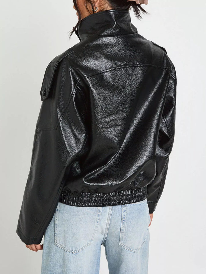 Casaco de motociclista em imitação de pele para senhora, com fecho assimétrico, tamanhos S-2XL