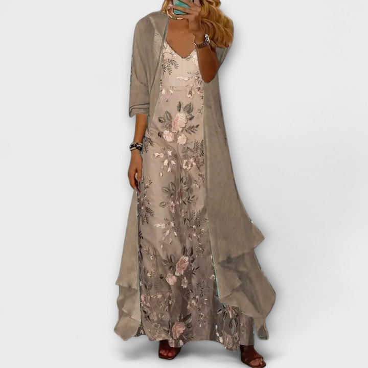 Emma | Women's Floral V-Neck Maxi Dress, Layered Design-The Yellow Prime