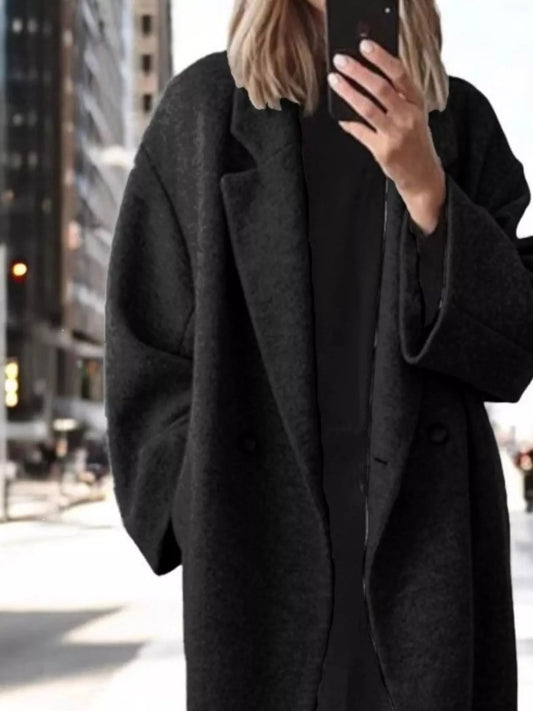 Women's Long Winter Coat with Lapel Collar and Pockets, Sizes S-3xl