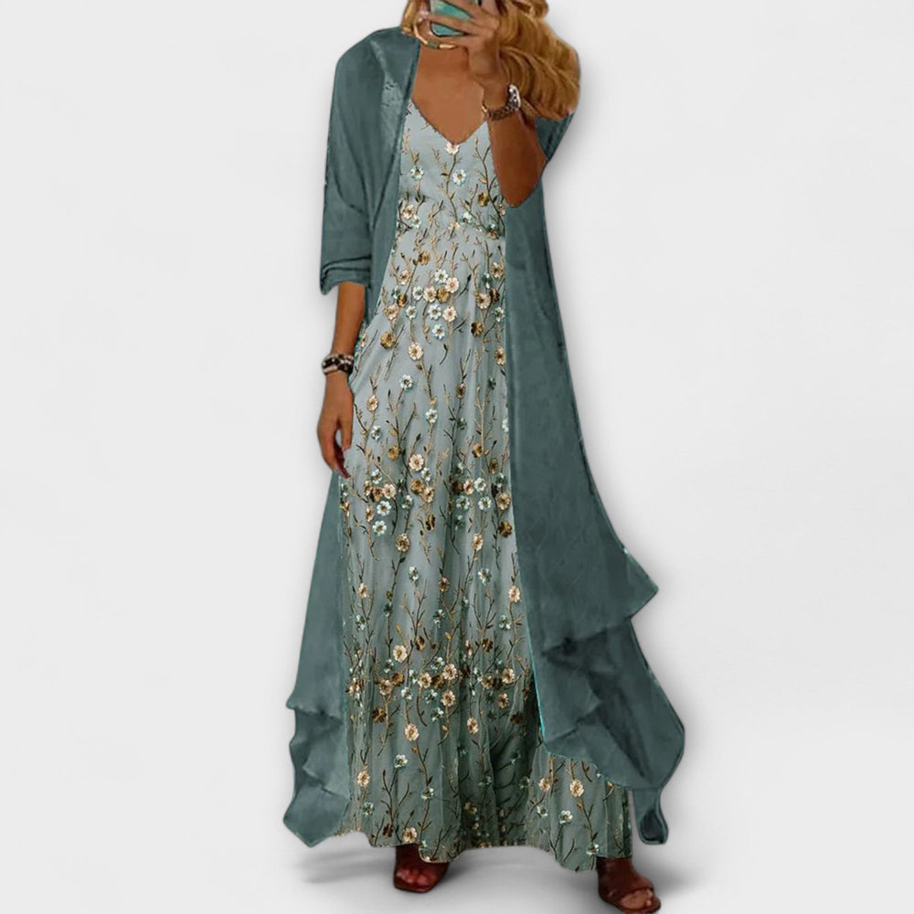 Emma | Women's Floral V-Neck Maxi Dress, Layered Design-The Yellow Prime