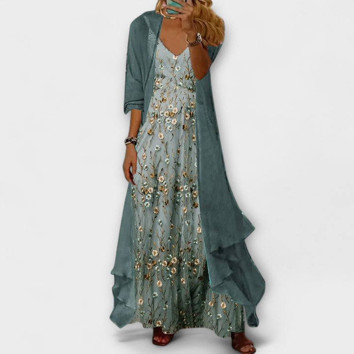 Emma | Women's Floral V-Neck Maxi Dress, Layered Design-The Yellow Prime