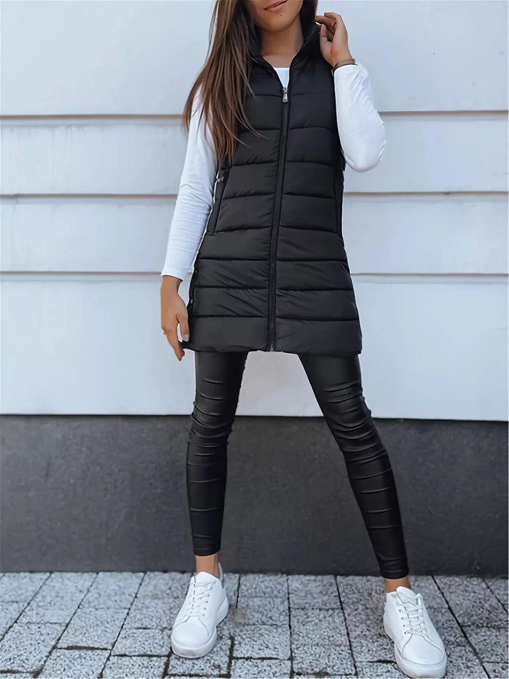 Gilet imbottito lungo con cappuccio da donna, con cerniera, taglie dalla S alla XXL