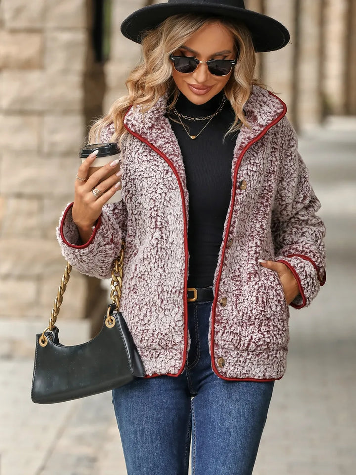 Veste douillette en sherpa pour femme avec boutons et poches, tailles S à XL