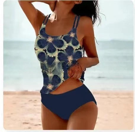 Women's Retro High-Cut Bikini with Beach Print-The Yellow Prime