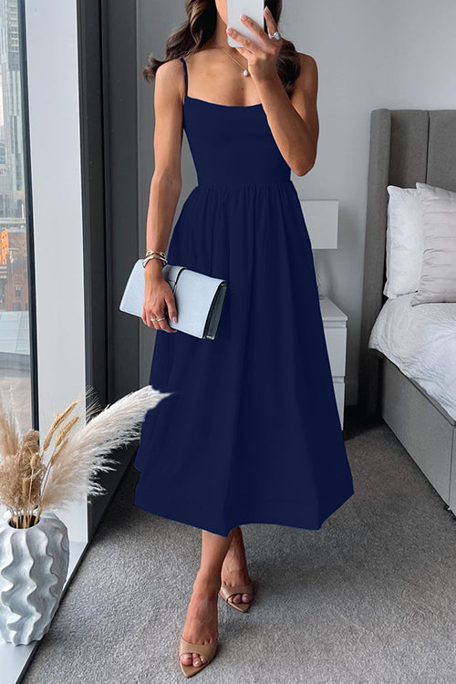 Women's A-Line Midi Dress with Spaghetti Straps and Defined Waist-The Yellow Prime