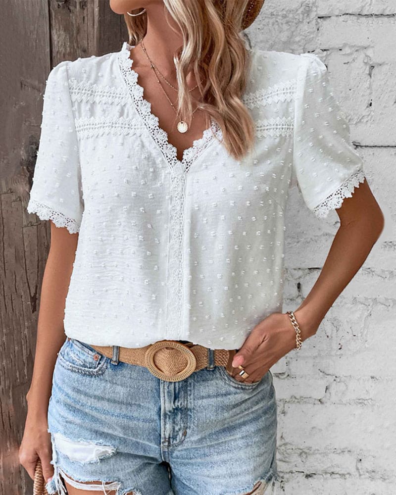Women's Short Sleeve V-Neck Blouse-The Yellow Prime
