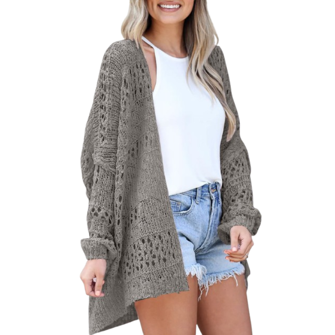 Casaco de malha oversized para mulher, em tecido leve de malha aberta