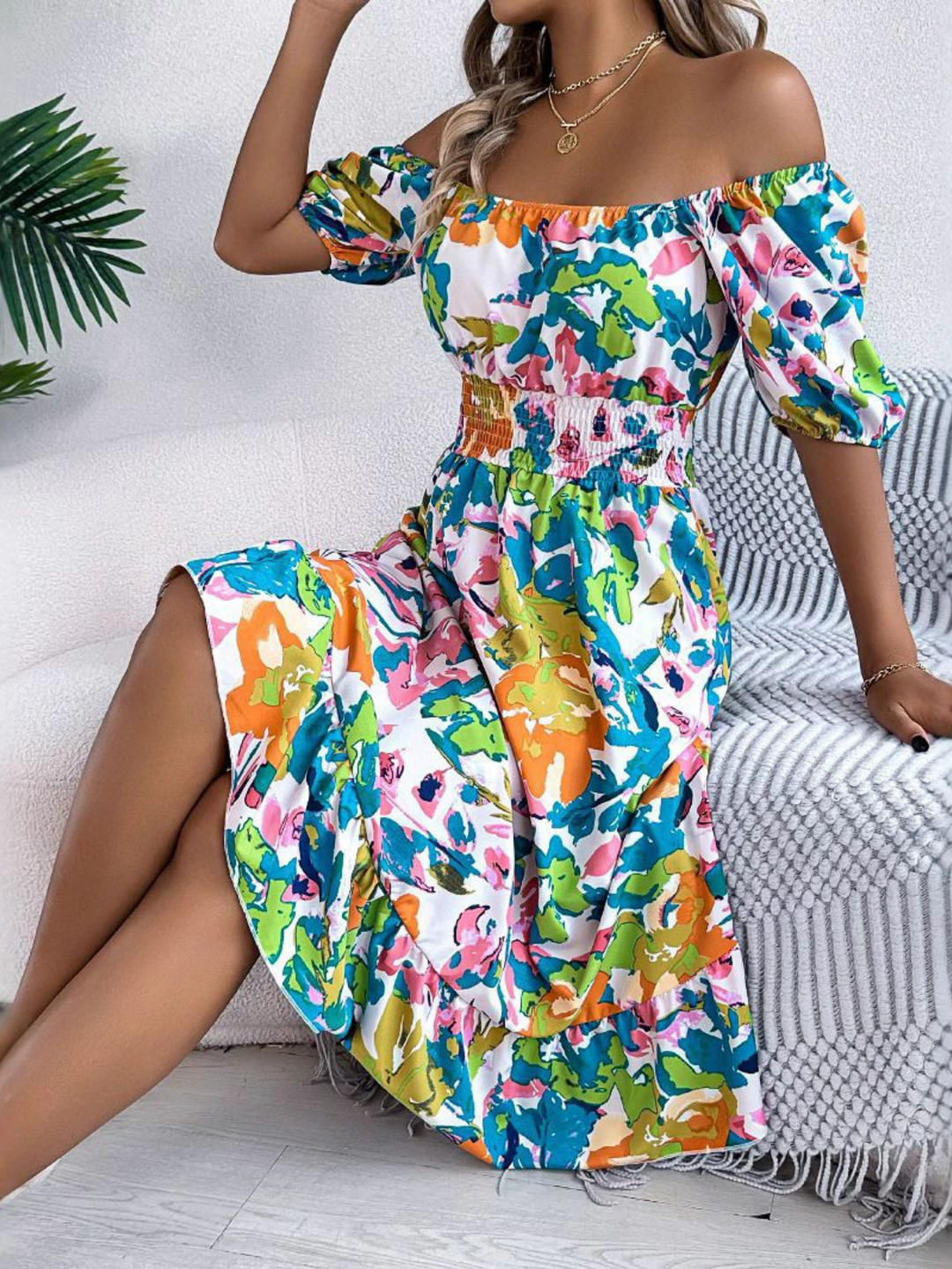 Cora | Women's Off-Shoulder Mini Boho Dress with Smocked Waist-The Yellow Prime